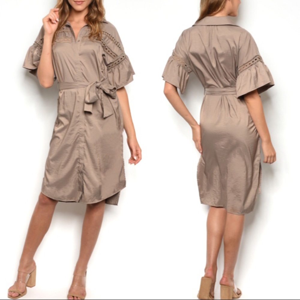 ✨JUST IN✨Taffeta Crochet Trim Shirt Dress Belted